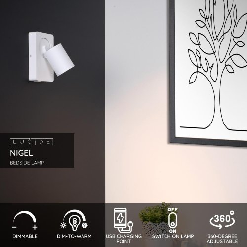 NIGEL Wall spotlight 1xGU10/5W + USB White - obrázek