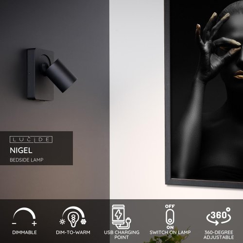 NIGEL Wall spotlight 1xGU10/5W + USB Black - obrázek