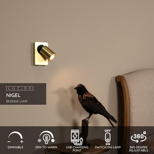 NIGEL Wall spotlight 1xGU10/5W + USB Satin Brass - obrázek
