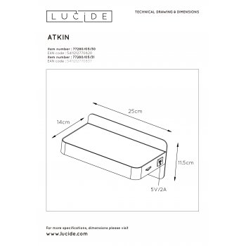 ATKIN Xall Light LED 5W+USB port 25/14/11cm White - obrázek